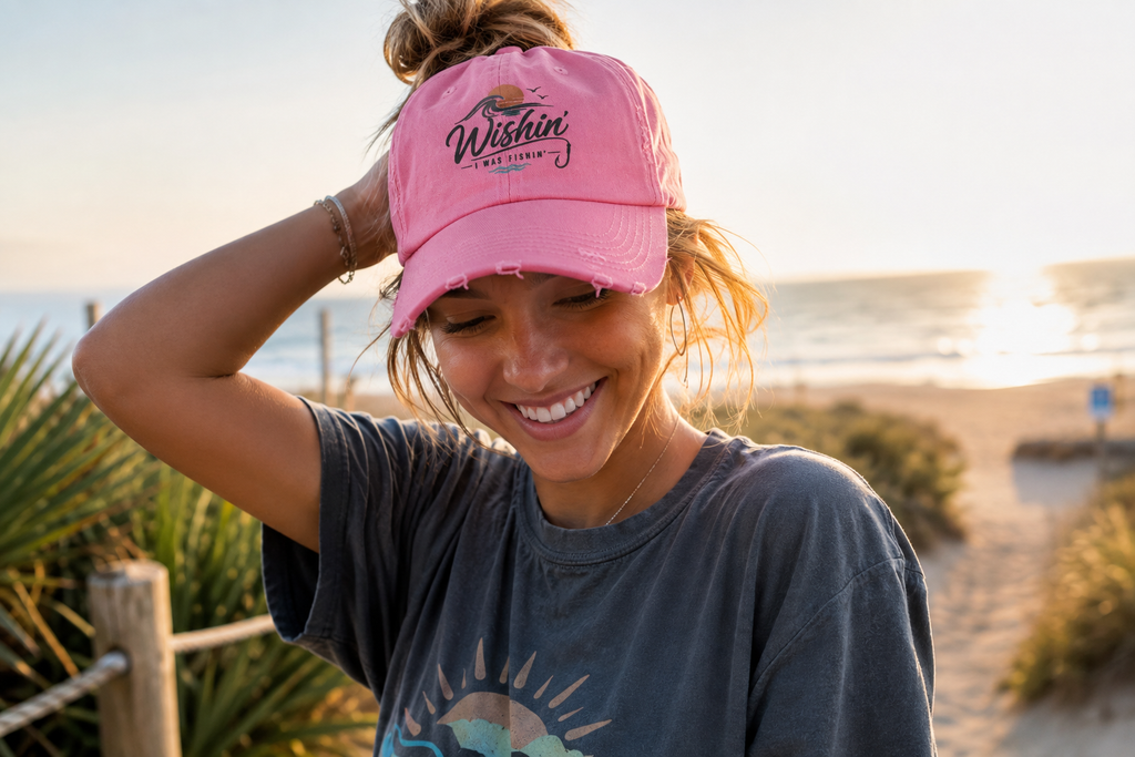 Distressed Baseball Cap - "Wishin' I Was Fishin'" Vintage Fishing Hat