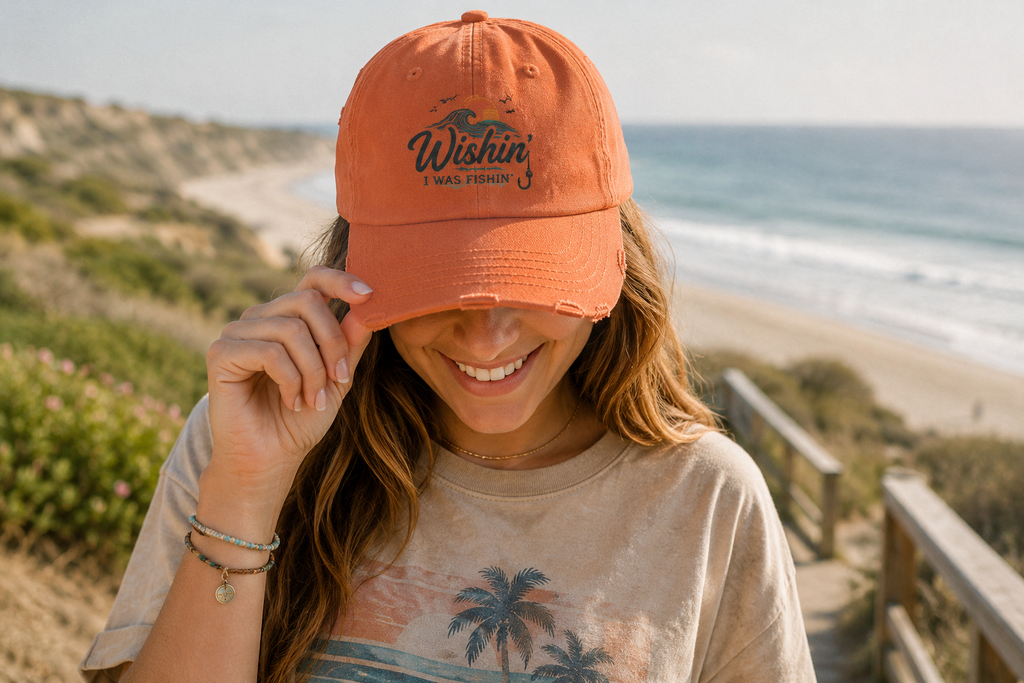 Distressed Baseball Cap - "Wishin' I Was Fishin'" Vintage Fishing Hat
