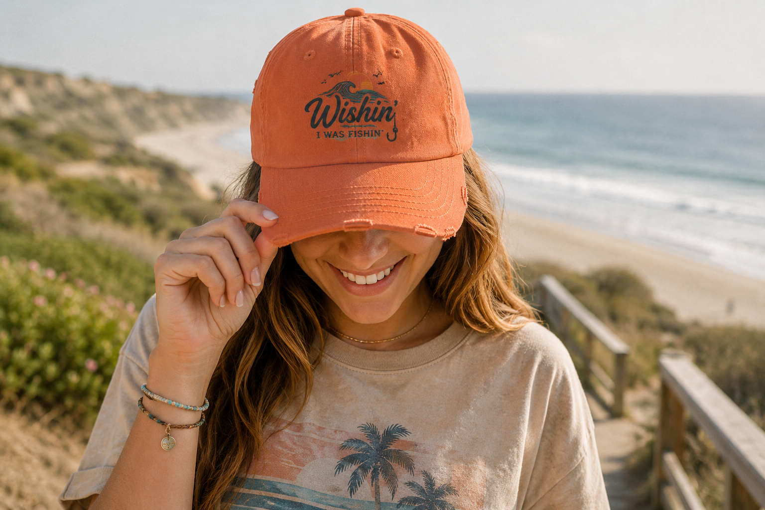 Distressed Baseball Cap - "Wishin' I Was Fishin'" Vintage Fishing Hat
