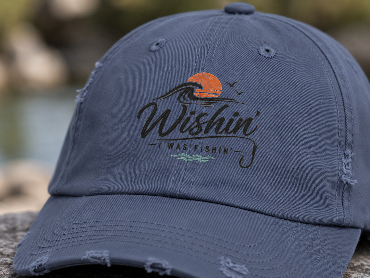 Distressed Baseball Cap - "Wishin' I Was Fishin'" Vintage Fishing Hat