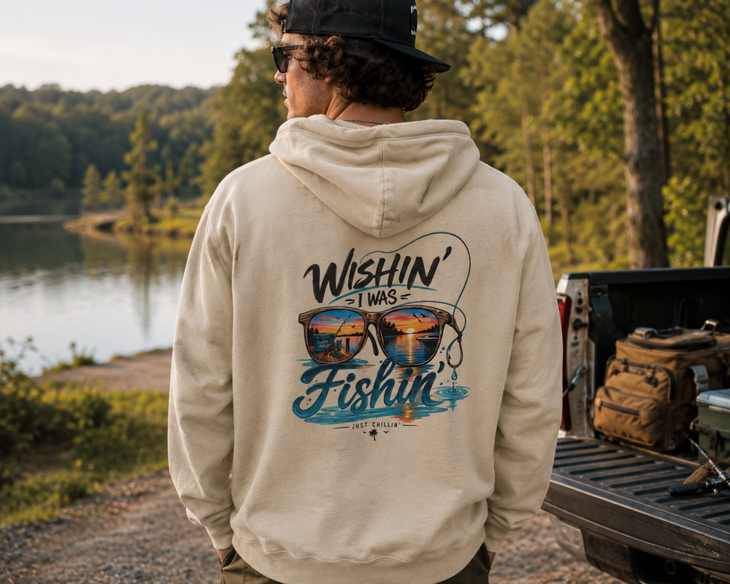 Fishing Hoodie - "Wishin' I Was Fishin'" Graphic Hooded Sweatshirt