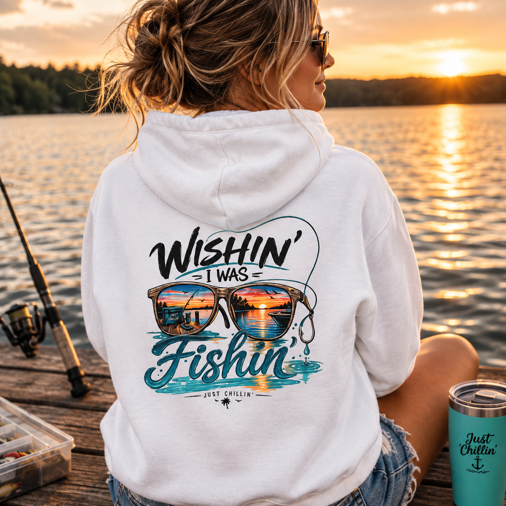 Fishing Hoodie - "Wishin' I Was Fishin'" Graphic Hooded Sweatshirt