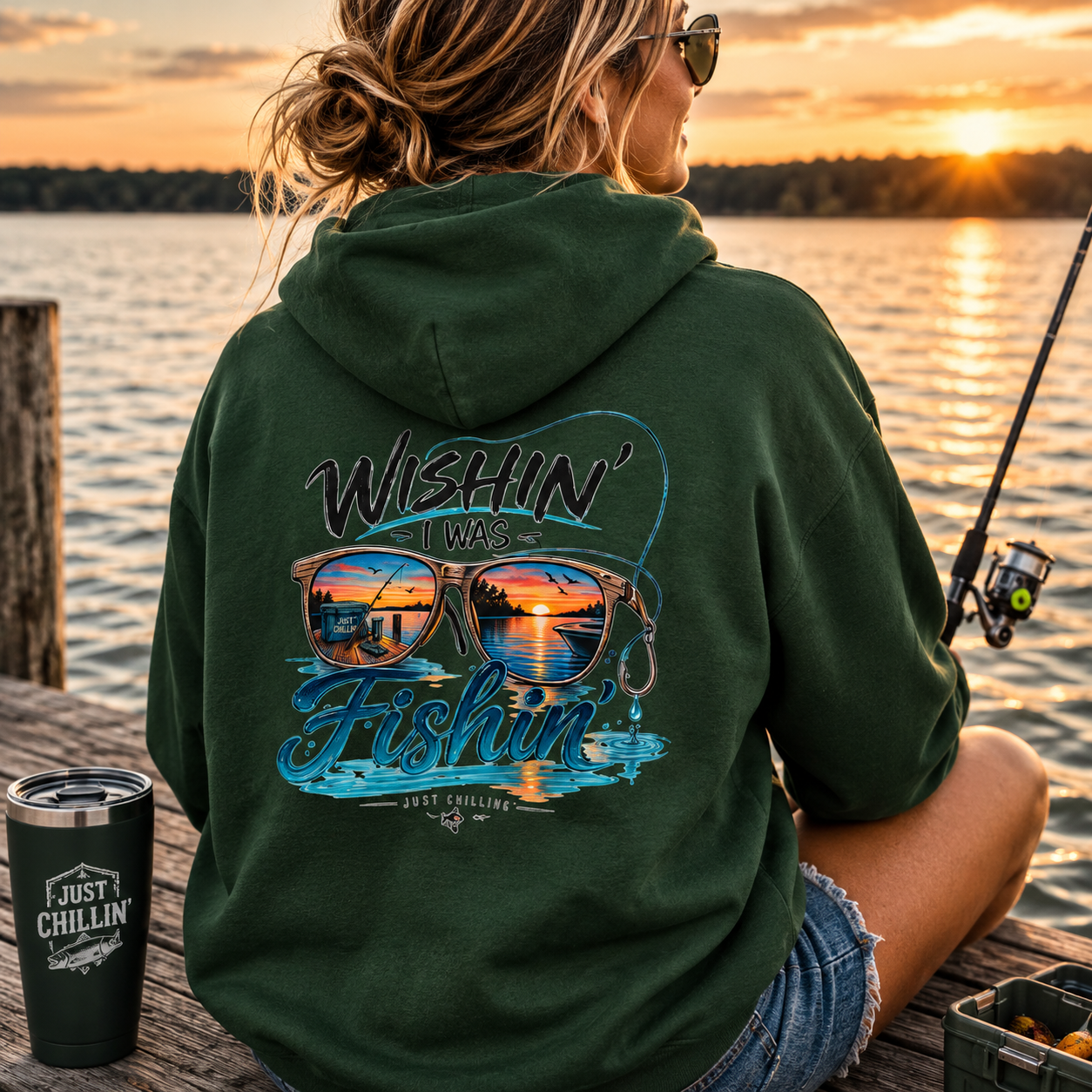 Fishing Hoodie - "Wishin' I Was Fishin'" Graphic Hooded Sweatshirt