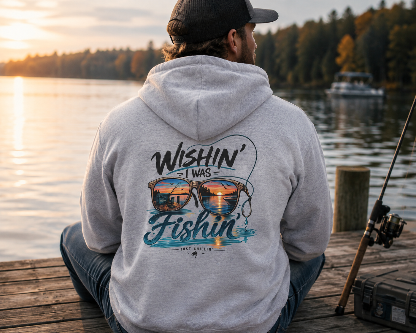 Fishing Hoodie - "Wishin' I Was Fishin'" Graphic Hooded Sweatshirt