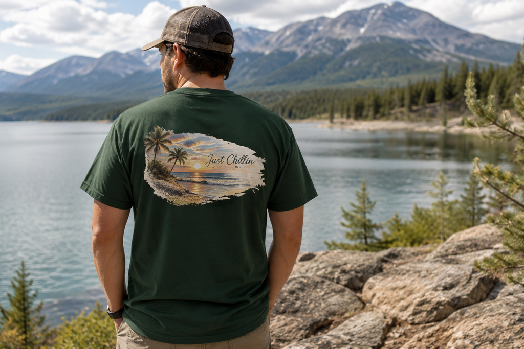 Just Chillin Sunset Palm Tee – Vintage Coastal Graphic T-Shirt