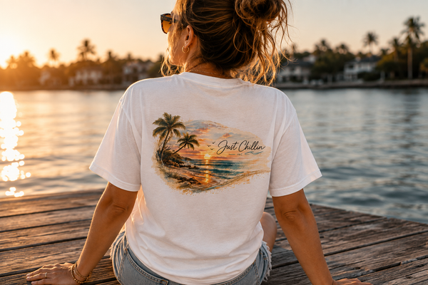 Just Chillin Sunset Palm Tee – Vintage Coastal Graphic T-Shirt