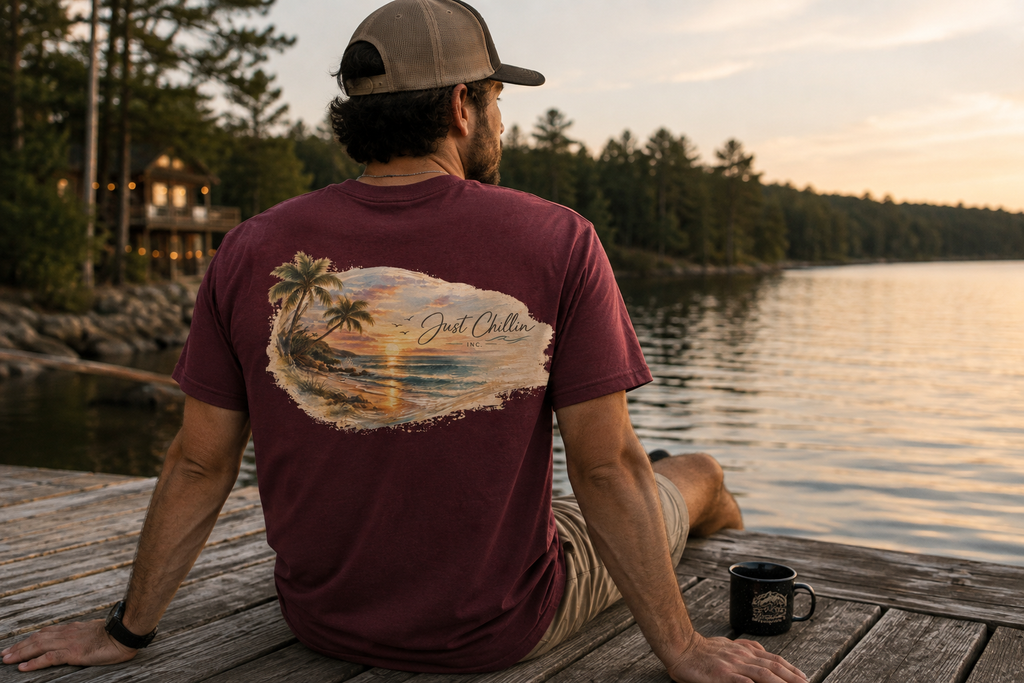 Just Chillin Sunset Palm Tee – Vintage Coastal Graphic T-Shirt