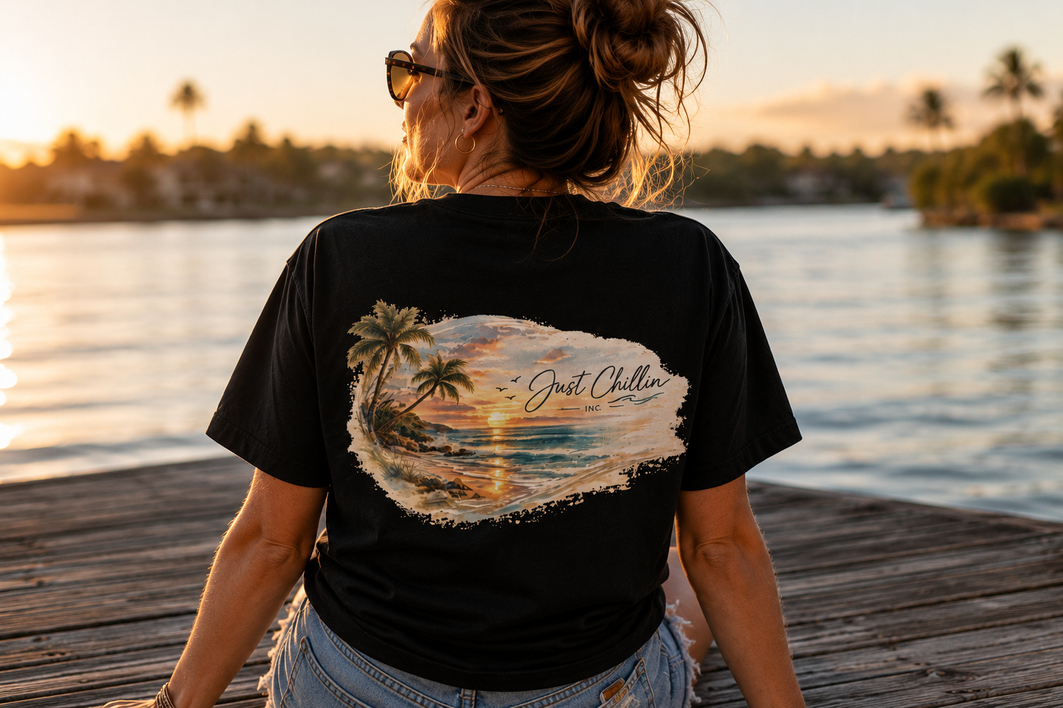 Just Chillin Sunset Palm Tee – Vintage Coastal Graphic T-Shirt