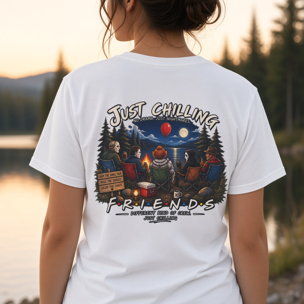 All Your Favorite Creepy Friends T-Shirt – Horror Movie Villains “Just Chilling” Graphic Tee | Made in the USA