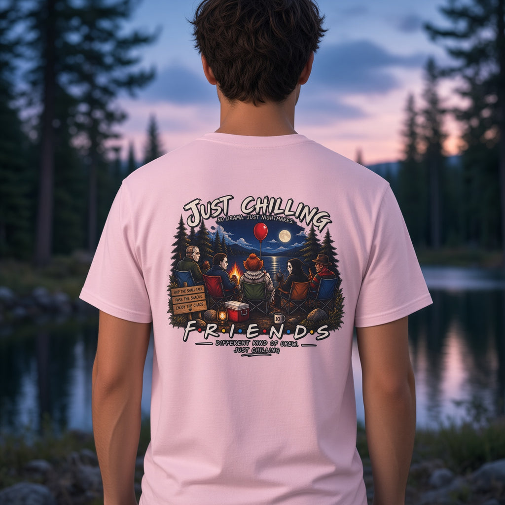 All Your Favorite Creepy Friends T-Shirt – Horror Movie Villains “Just Chilling” Graphic Tee | Made in the USA