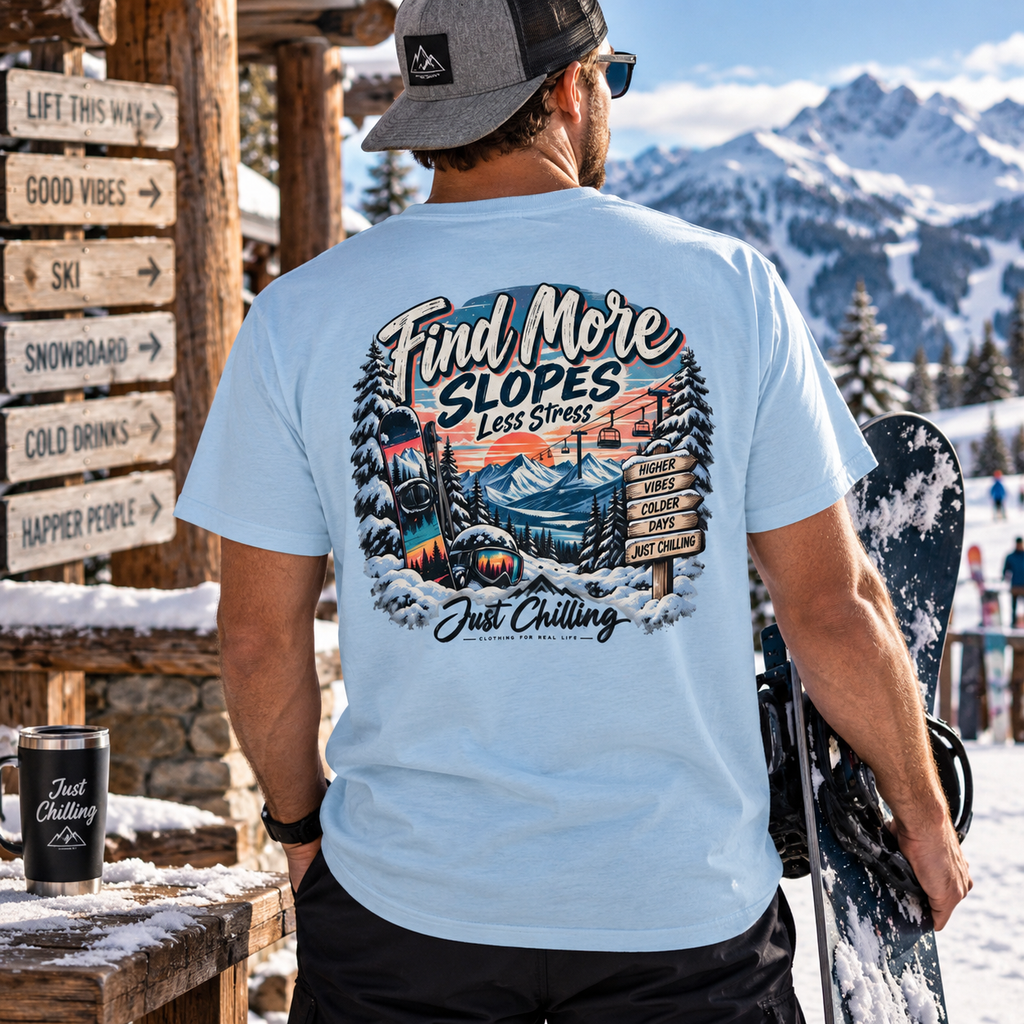 Hombre con camiseta gráfica azul claro sosteniendo tabla de snowboard frente a montañas nevadas y señales direccionales