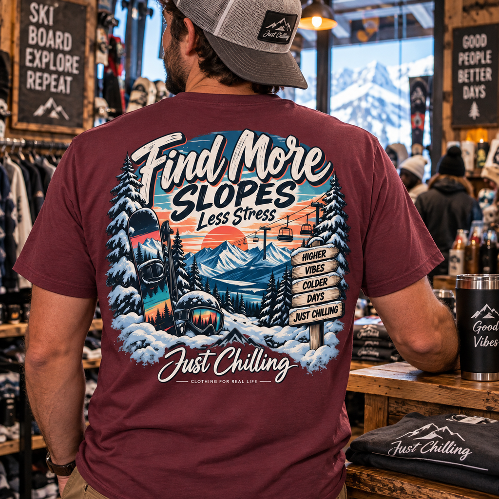 Gráfico trasero de camiseta marrón con montañas nevadas, pinos, telesilla y texto 'Find More Slopes Less Stress' en estilo rústico