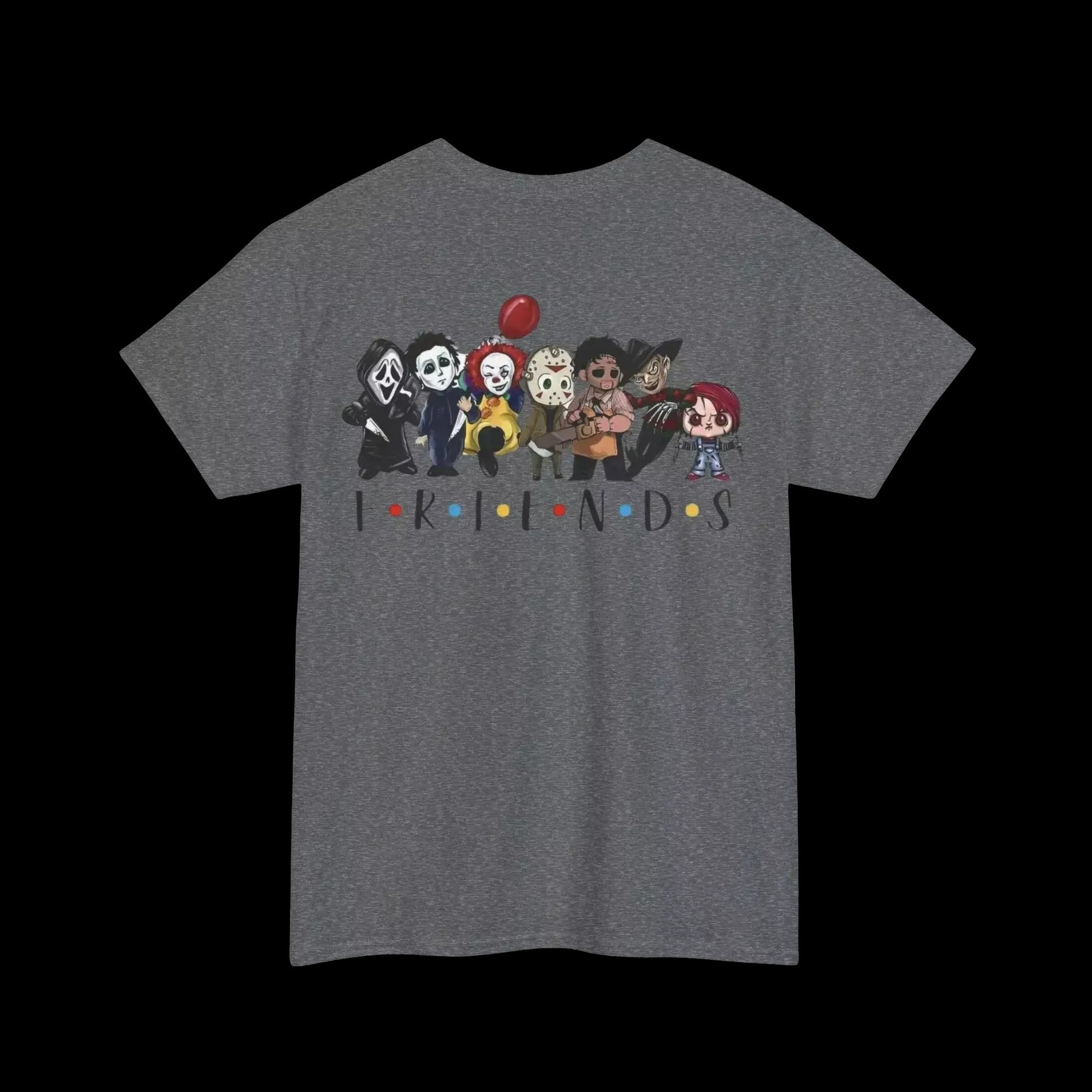 A gray t-shirt with a graphic design featuring a group of cartoon characters, including a clown, a boy, a girl, and a dog, along with the text "I find" written below them.