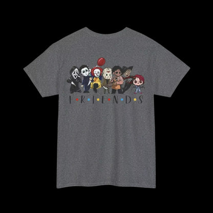 A gray t-shirt with a graphic design featuring a group of cartoon characters, including a clown, a boy, a girl, and a dog, along with the text "I find" written below them.