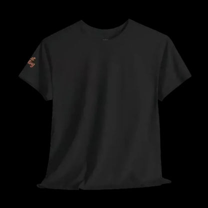 A black t-shirt is shown against a black background.
