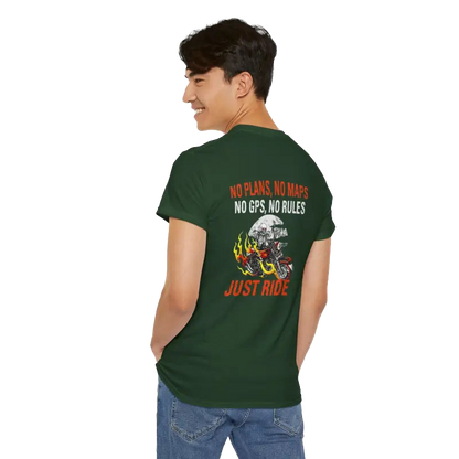 A person wearing a green t-shirt with a graphic design and text printed on the back.