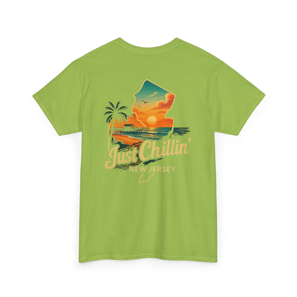 Unisex Heavy Cotton Tee - Just Chilling NJ Sunset Design, Casual Wear, Summer Vibes, Beach Outfit, Gift for Friends, Relaxation Tee