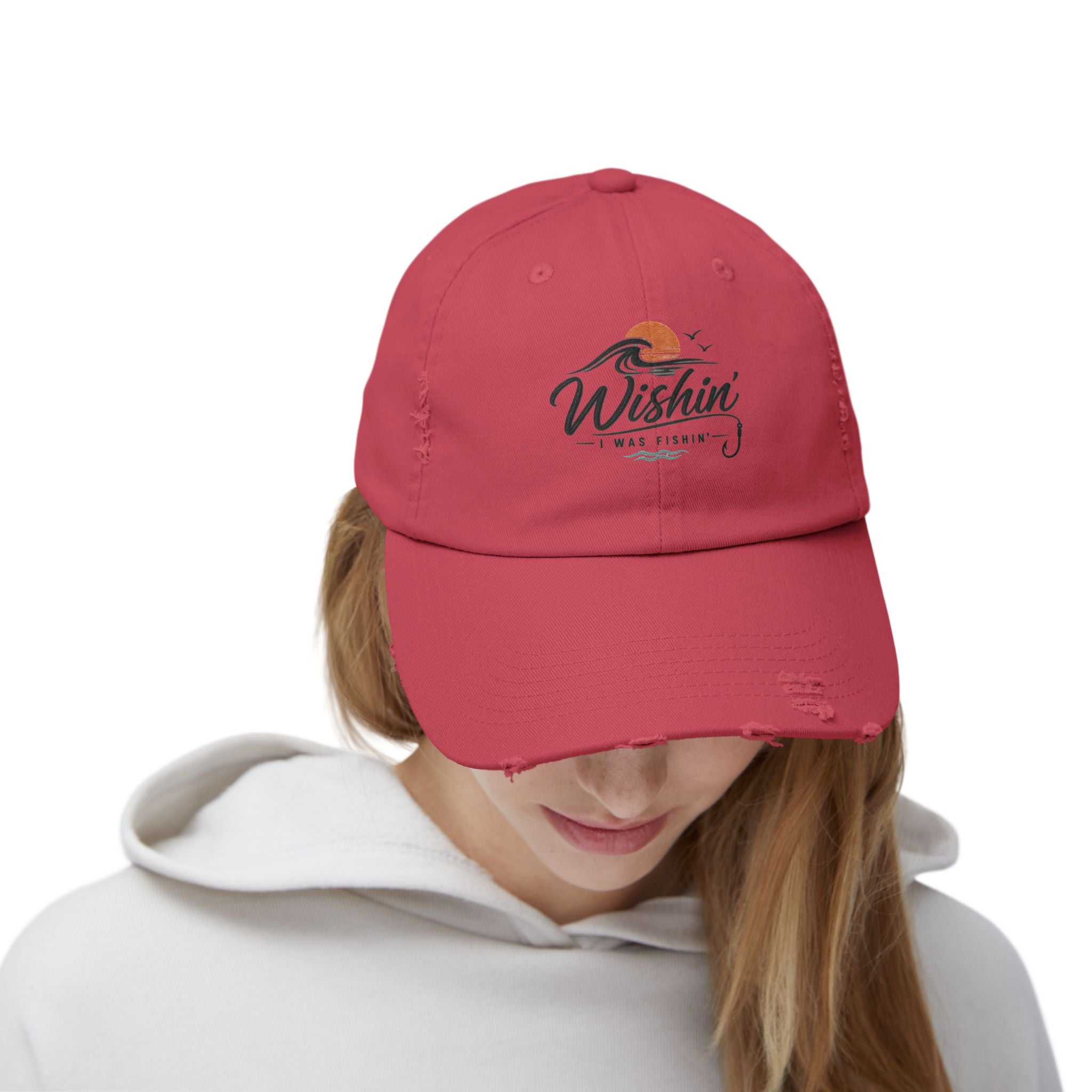 Distressed Baseball Cap - "Wishin' I Was Fishin'" Vintage Fishing Hat