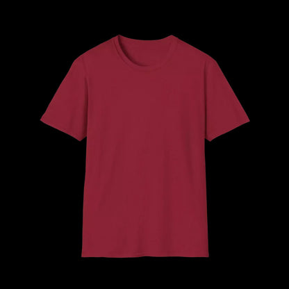 A red t-shirt is shown against a black background.