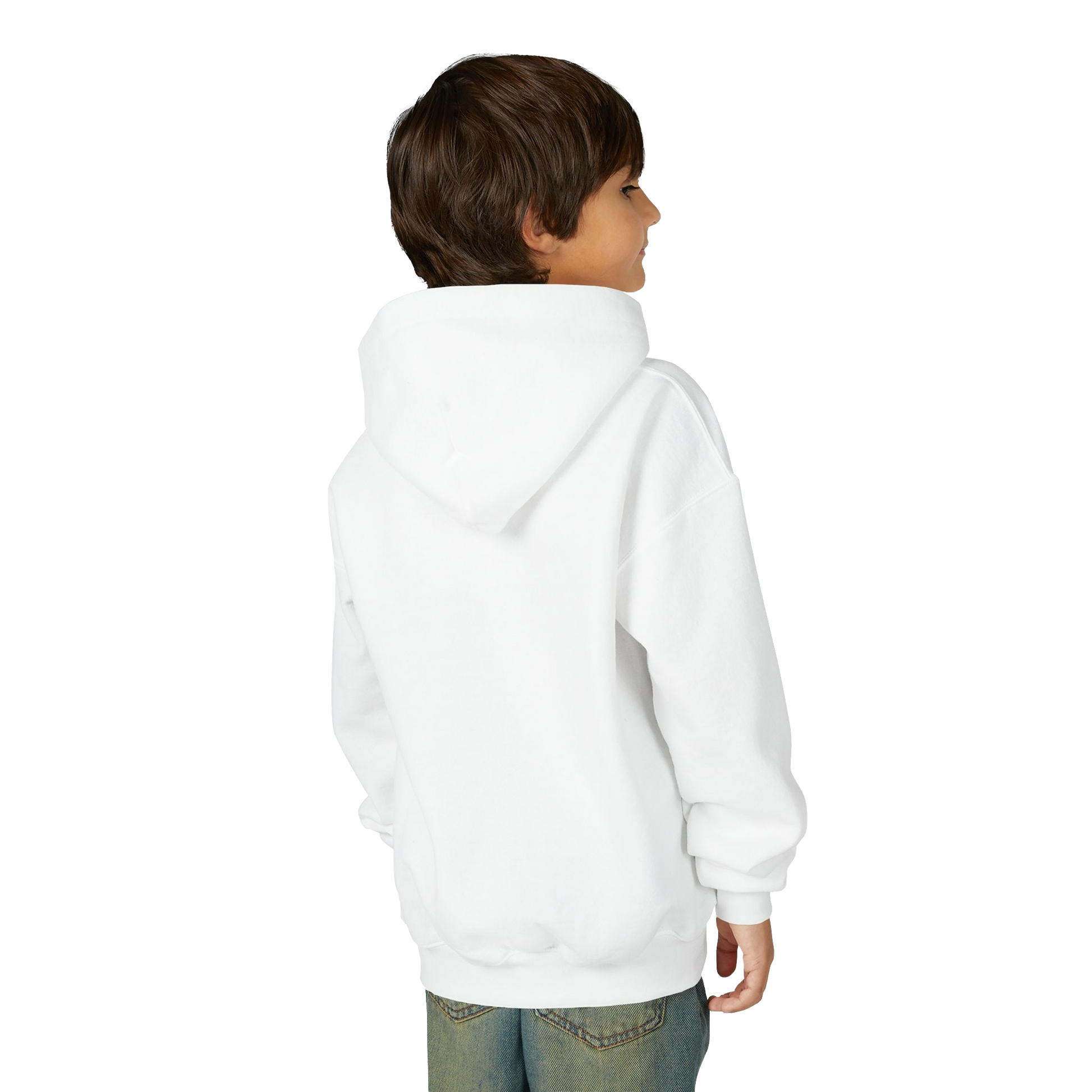 A young boy wearing a white hoodie stands against a black background, facing away from the camera.