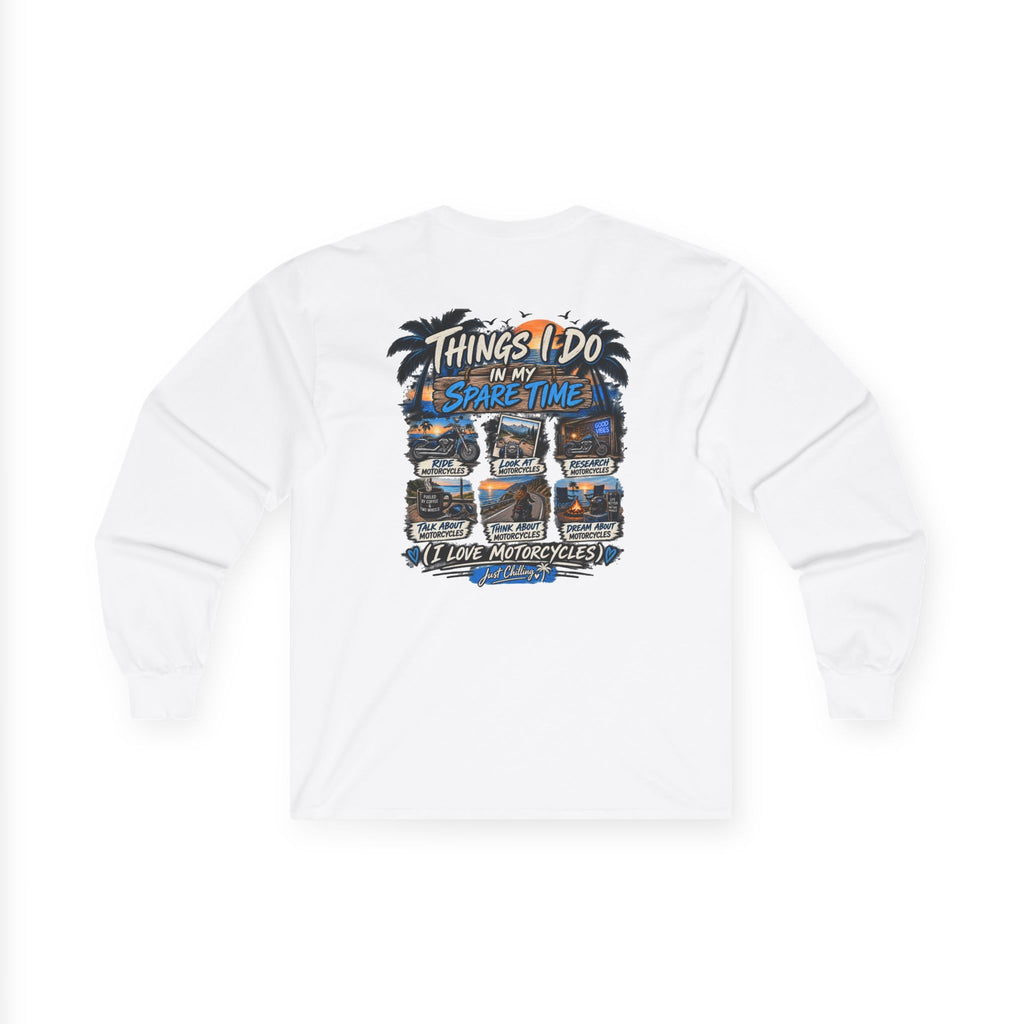 A white long-sleeve t-shirt with a large graphic print on the back, featuring the text 'THINGS I DO IN MY SPARE TIME!' and a collage of four desert RV travel scenes with the phrase 'I LIVE OUTDOOR LIFES!'.