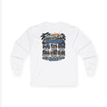 A white long-sleeve t-shirt with a large graphic print on the back, featuring the text 'THINGS I DO IN MY SPARE TIME!' and a collage of four desert RV travel scenes with the phrase 'I LIVE OUTDOOR LIFES!'.