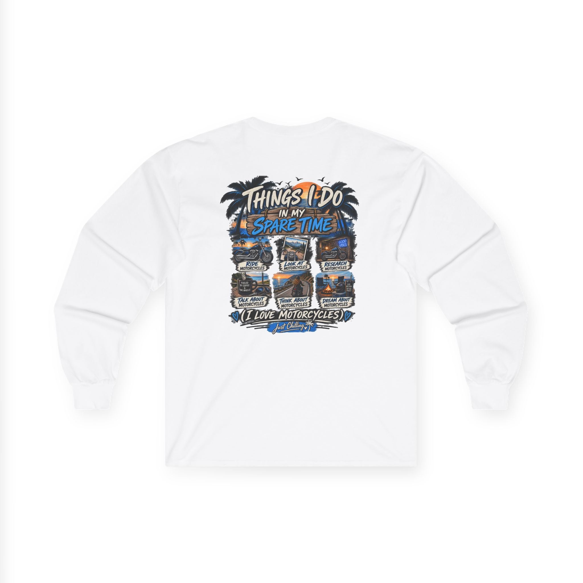 A white long-sleeve t-shirt with a large graphic print on the back, featuring the text 'THINGS I DO IN MY SPARE TIME!' and a collage of four desert RV travel scenes with the phrase 'I LIVE OUTDOOR LIFES!'.