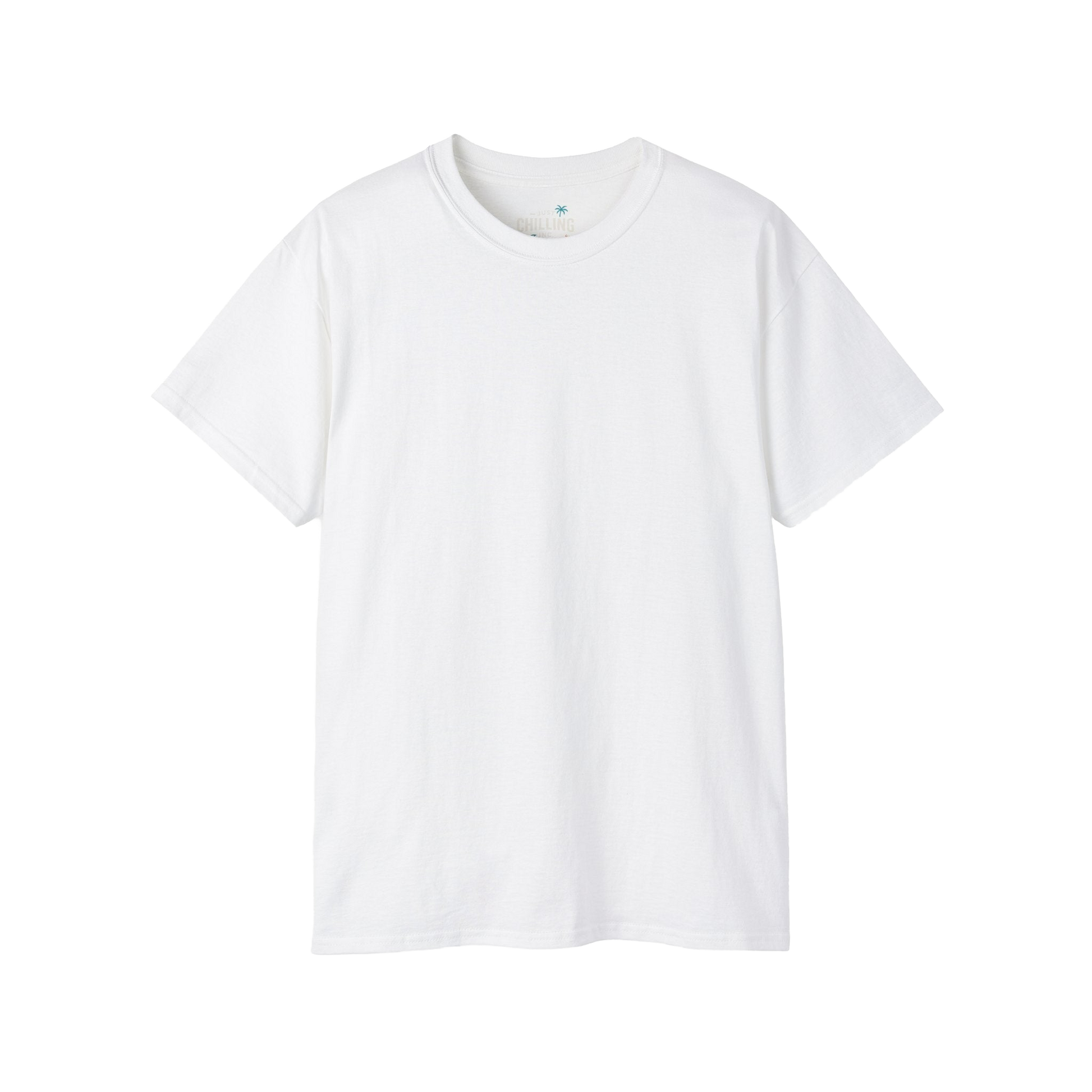A plain white t-shirt against a black background.