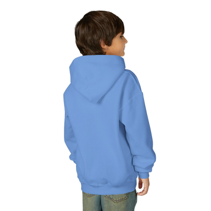 A young boy wearing a blue hoodie stands facing away from the camera.