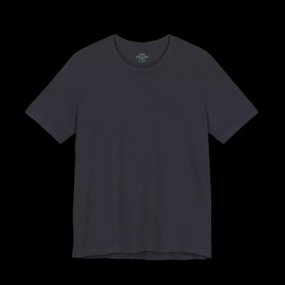 A plain gray t-shirt against a black background.