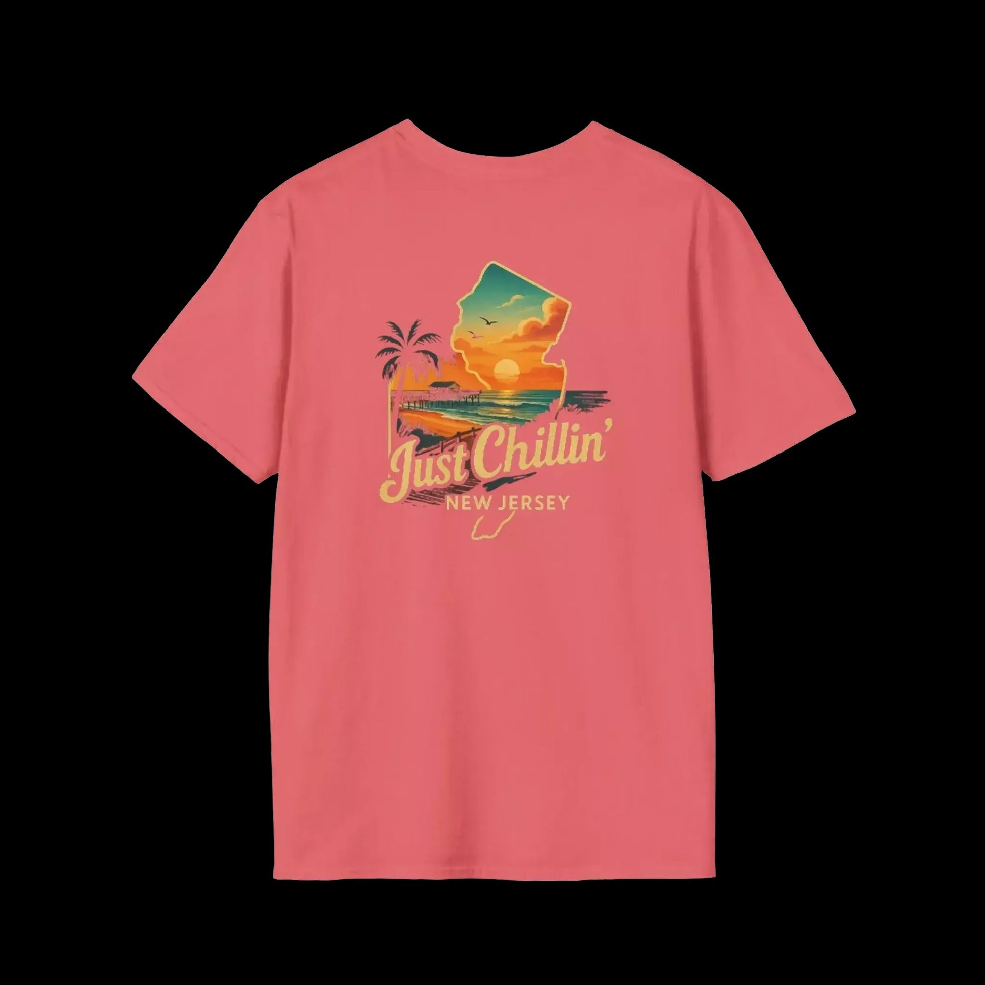A pink t-shirt with a graphic design depicting a sunset over a beach and palm trees, along with the text "Just Chillin' NEW JERSEY".