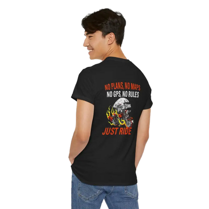 A person wearing a black t-shirt with text and graphics printed on the back.