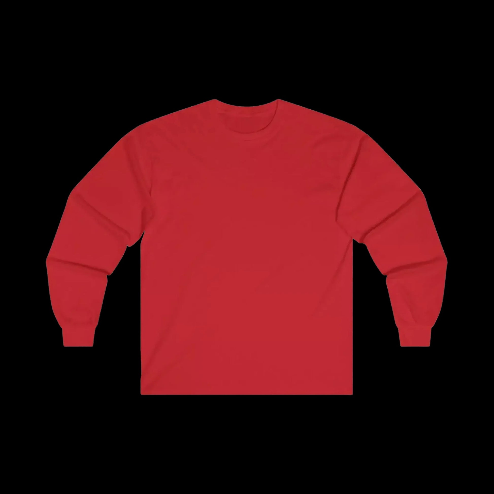 A red long-sleeved shirt is shown against a black background.