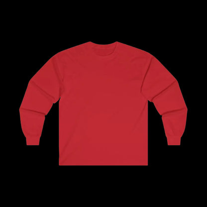 A red long-sleeved shirt is shown against a black background.