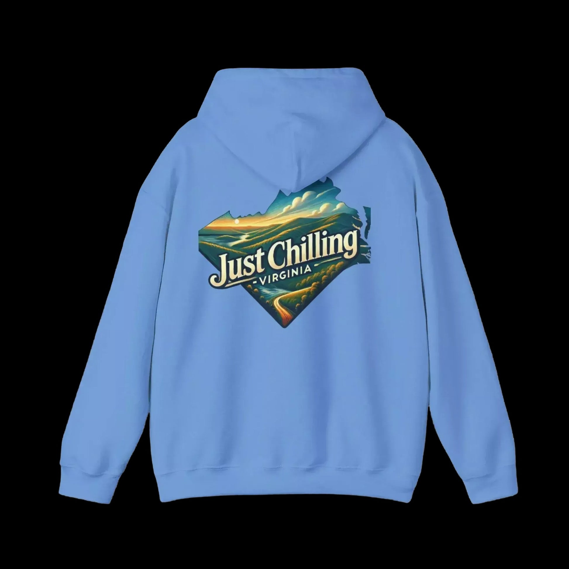 A light blue hoodie with a graphic design on the back, featuring a scenic landscape with mountains and a body of water.