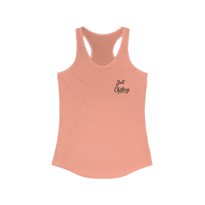 A pink tank top with the text "Just Chilling" printed on the front.