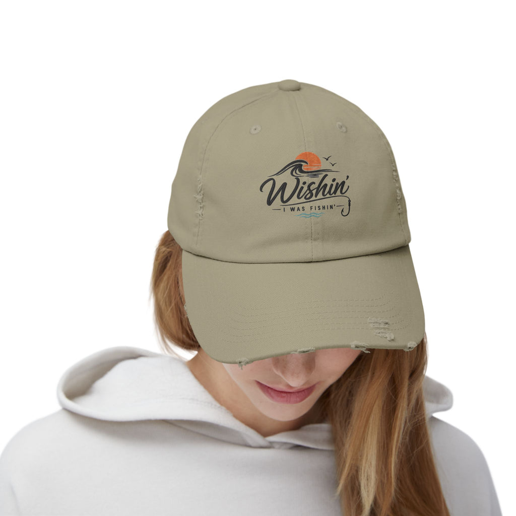 Distressed Baseball Cap - "Wishin' I Was Fishin'" Vintage Fishing Hat