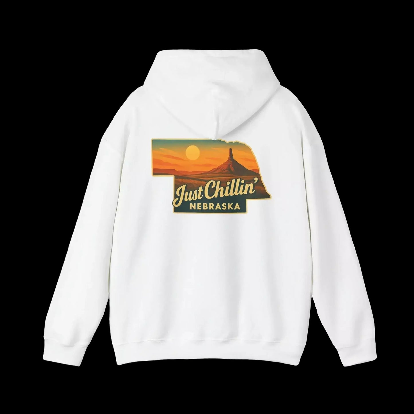 A white hoodie with a graphic design on the back, depicting a sunset over the state of Nebraska.