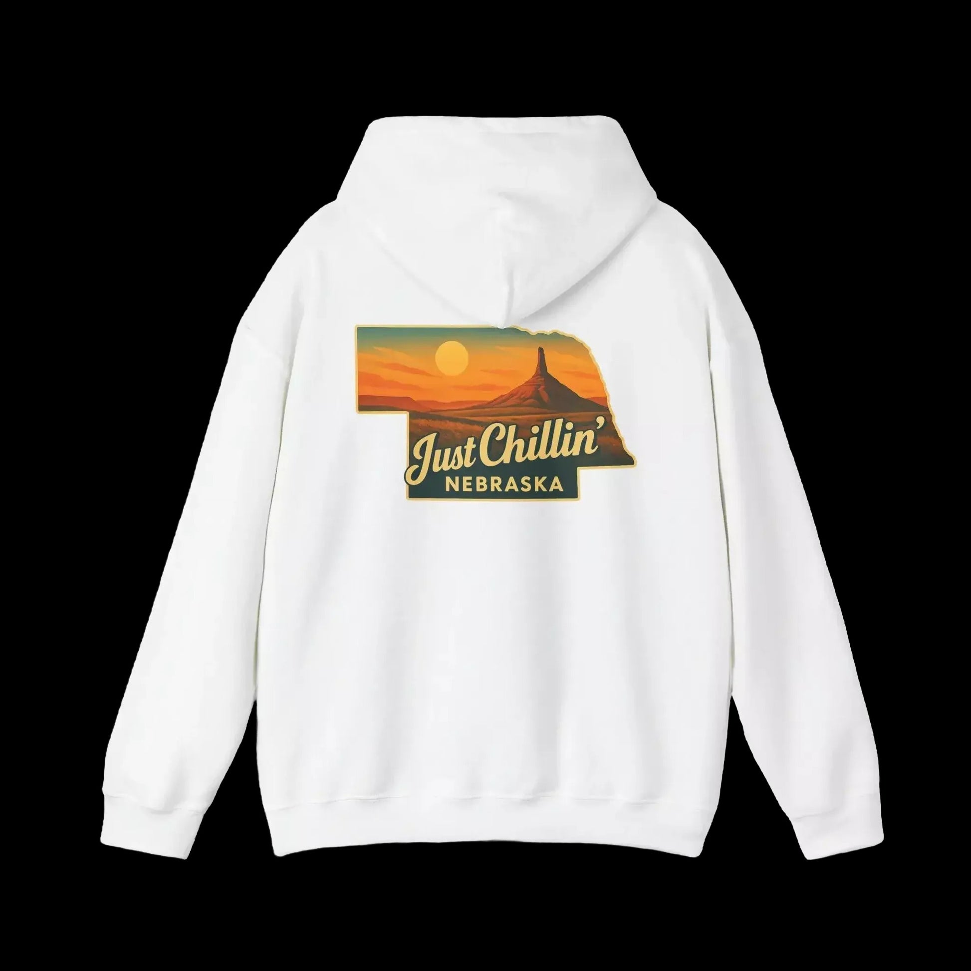 A white hoodie with a graphic design on the back, depicting a sunset over the state of Nebraska.