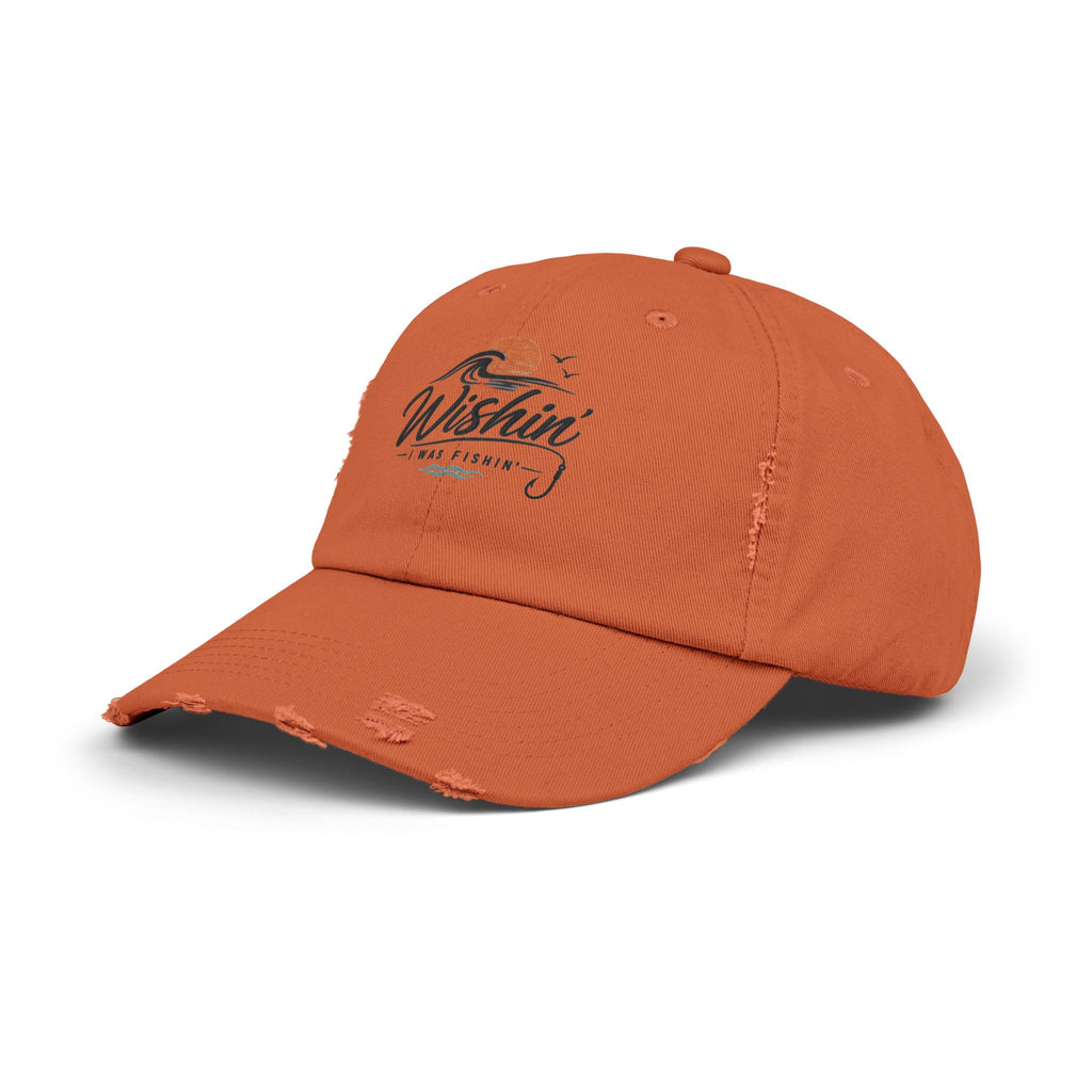 Distressed Baseball Cap - "Wishin' I Was Fishin'" Vintage Fishing Hat