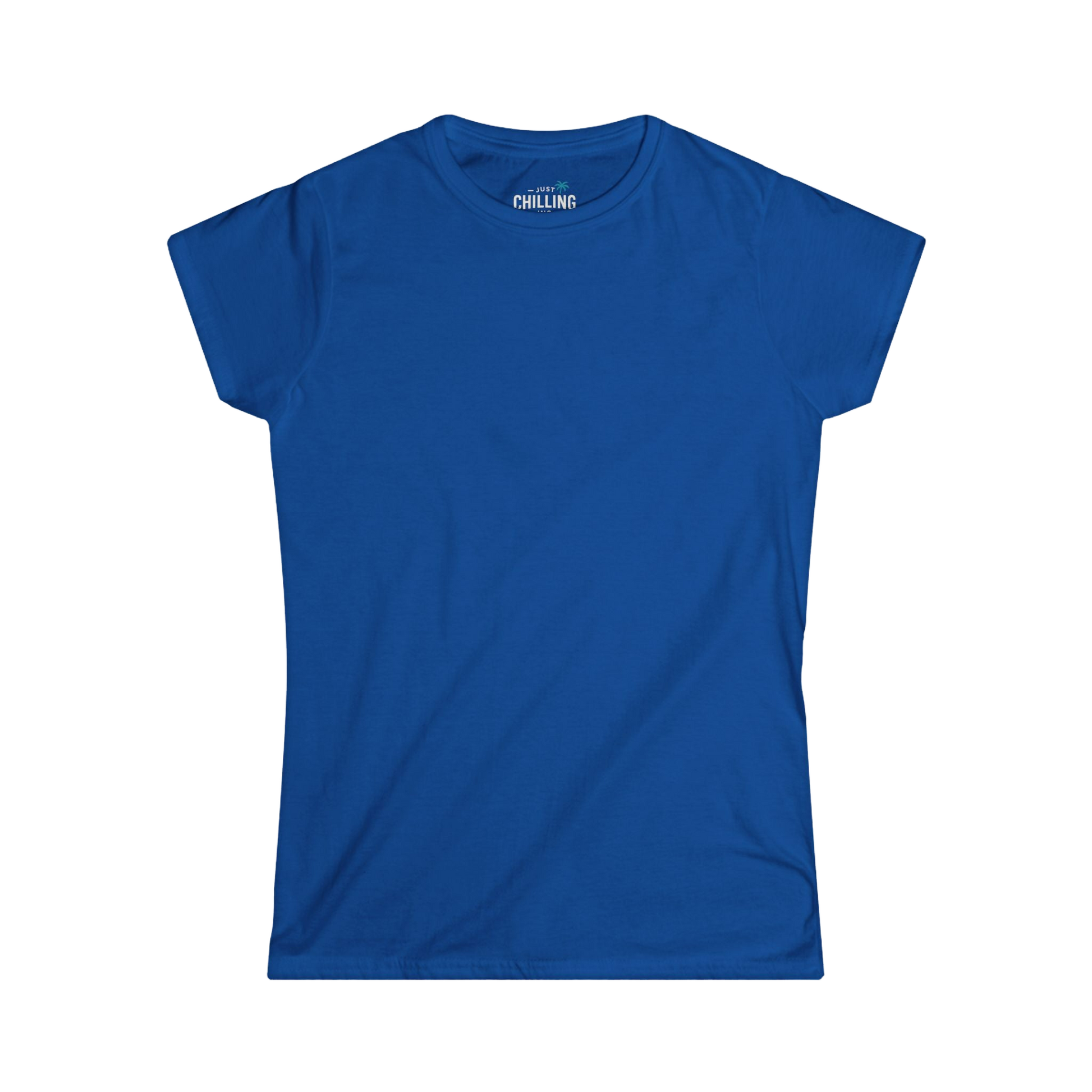 A plain, solid blue t-shirt is shown against a black background.