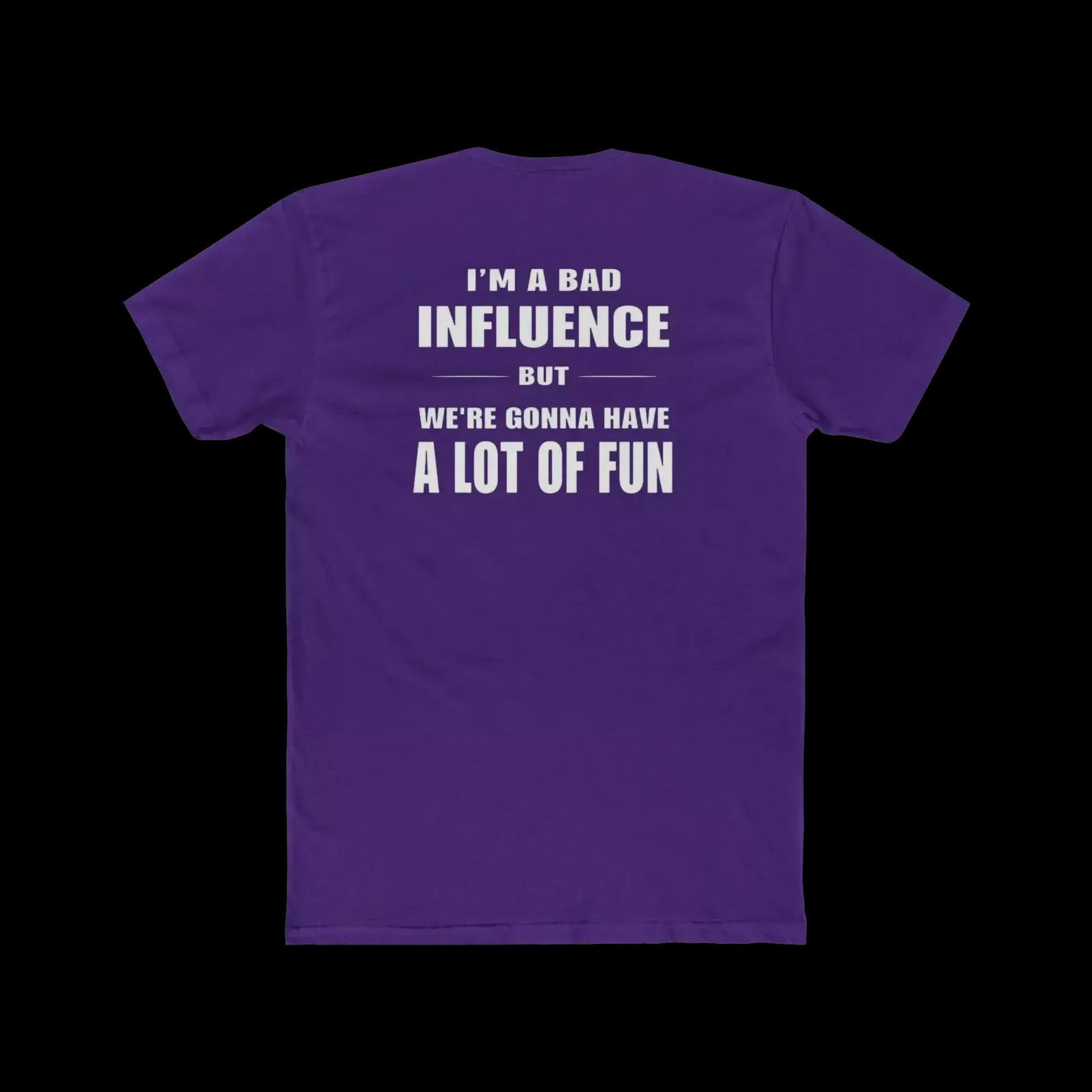 A purple t-shirt with white text on the back.
