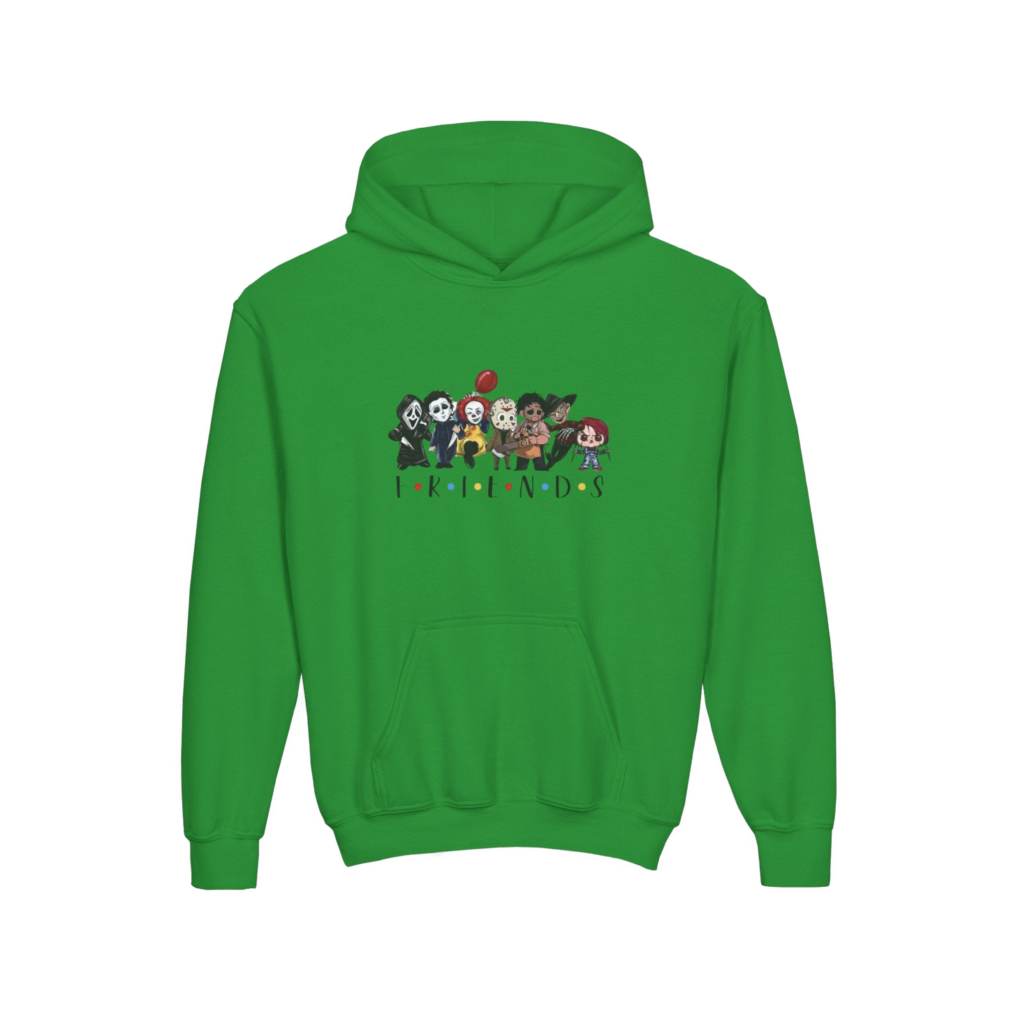 A bright green hoodie with a graphic design featuring a group of cartoon characters.