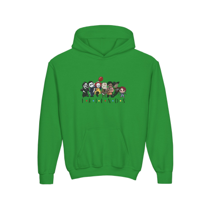 A bright green hoodie with a graphic design featuring a group of cartoon characters.
