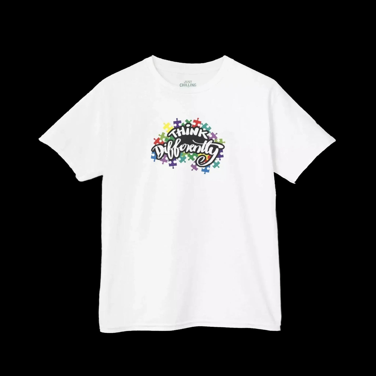 A white t-shirt with a colorful graphic design on the front, featuring the text "Think Diversity" surrounded by a pattern of colorful shapes.