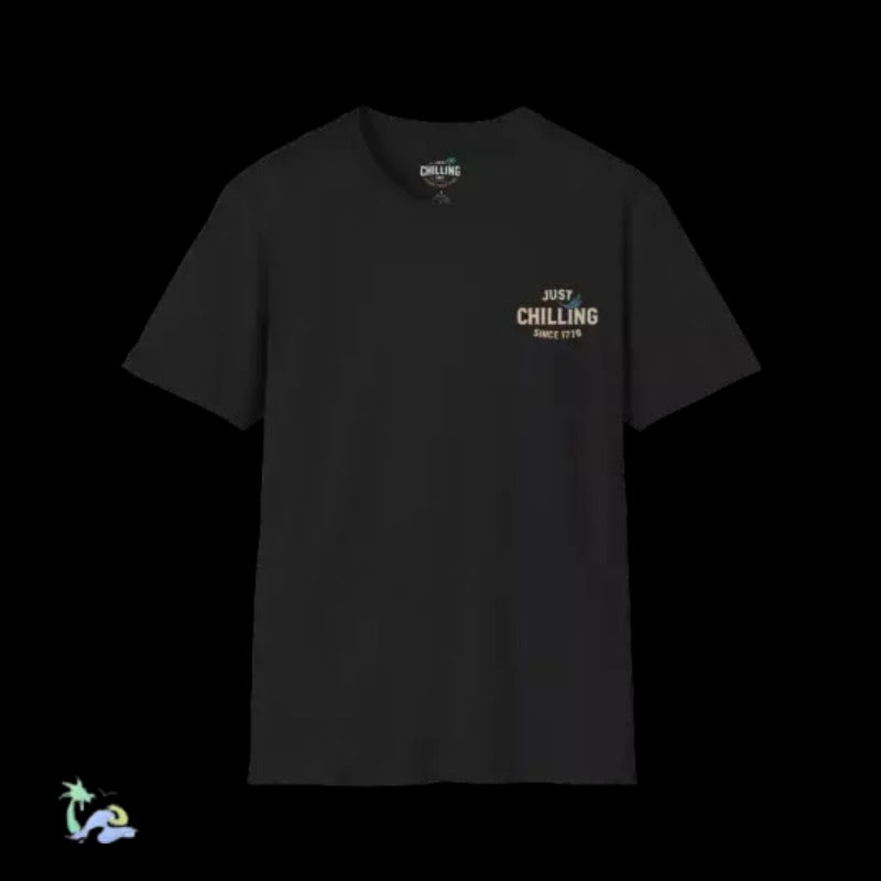 A black t-shirt with a small white text logo on the left side.