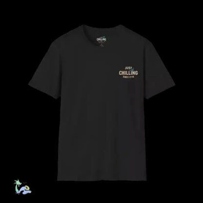 A black t-shirt with a small white text logo on the left side.