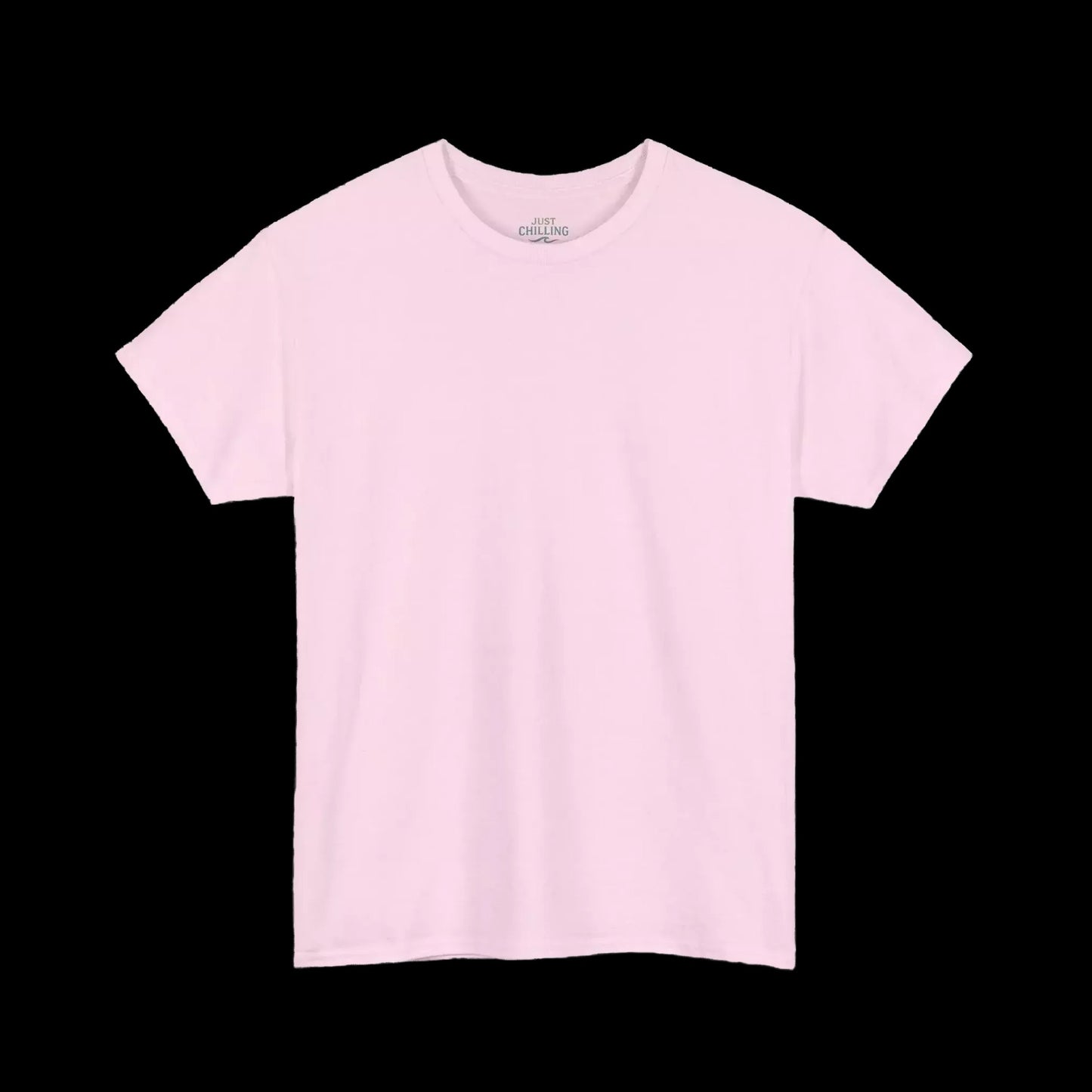 A plain, light pink t-shirt is shown against a black background.
