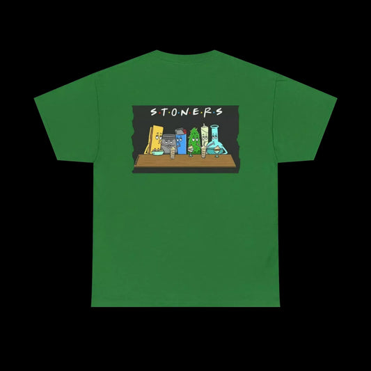 A green t-shirt with a graphic design featuring a group of colorful, cartoonish objects arranged in a row, with the word "STONERS" written above them.