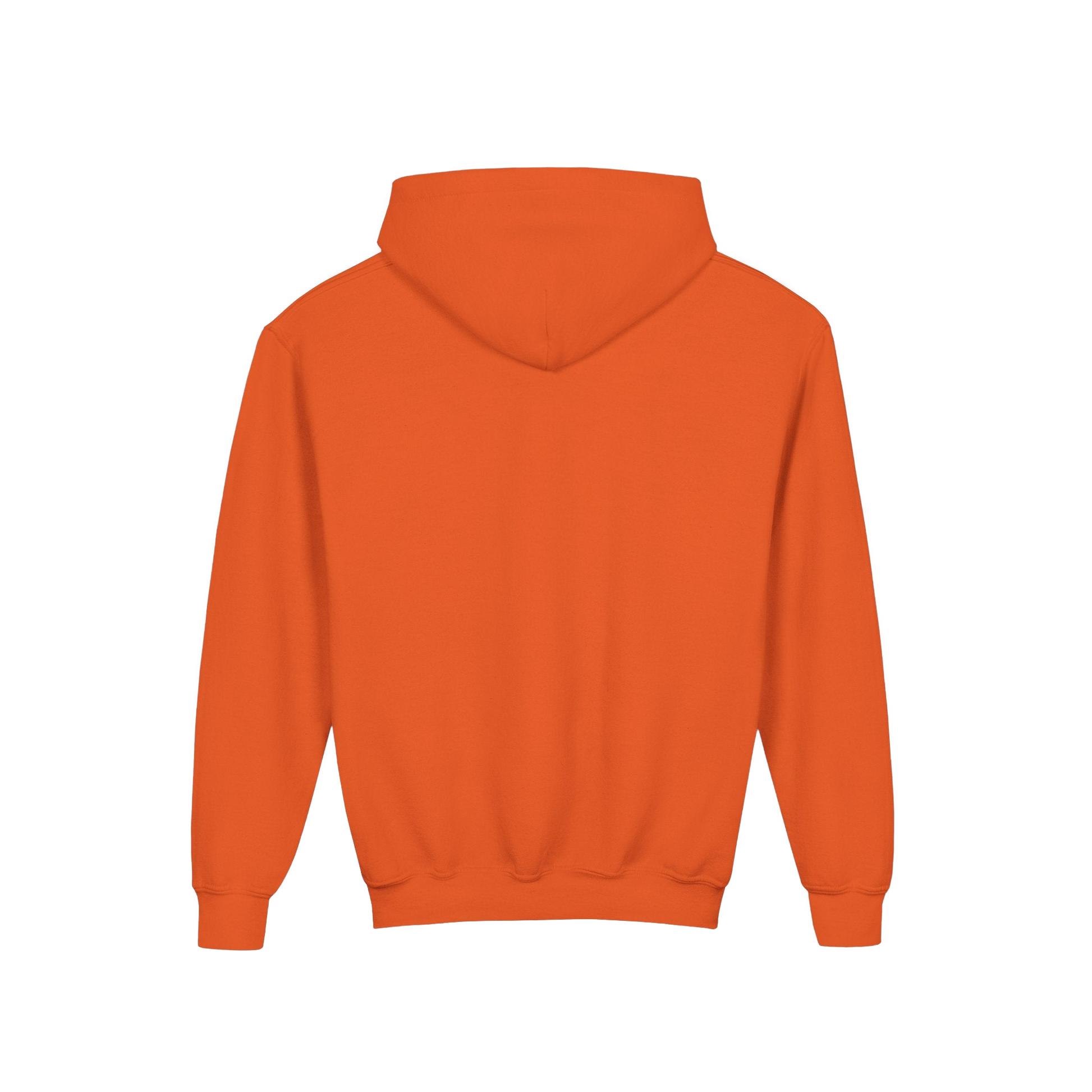A bright orange hoodie is shown against a black background.